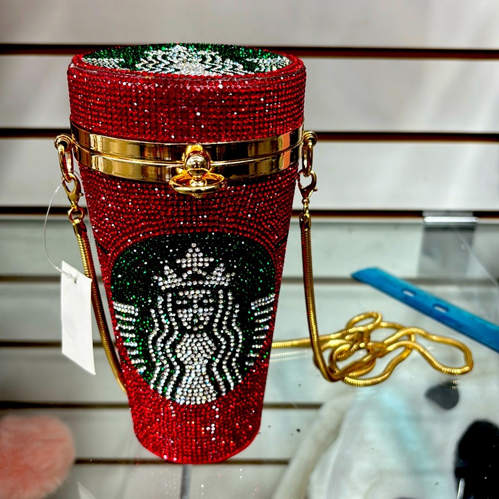 Rhinestone red and green Starbucks purse with gold chain